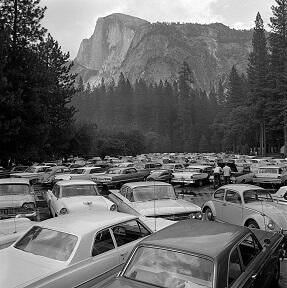 1965 photograph contrasting cars, Yosemite