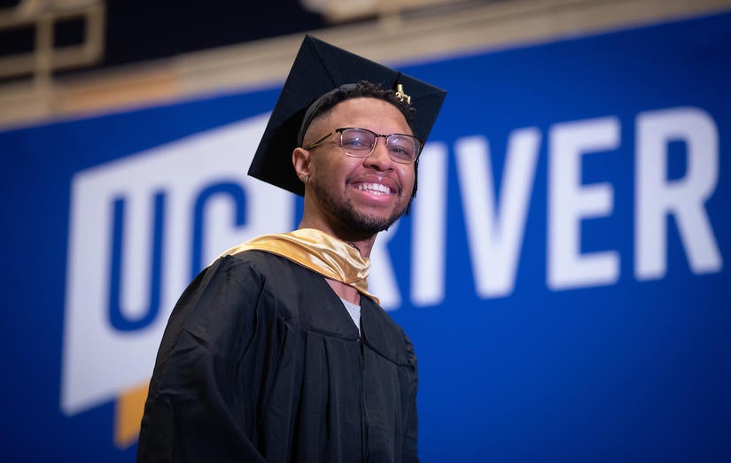Darrell Richardson, 26, Master’s in business administration, with a concentration in management; 2016 alum, majored in sociology, during the School of Business commencement ceremony on Saturday, June 12, 2021, at the Student Recreation Center at UC Riverside.  (UCR/Stan Lim)
