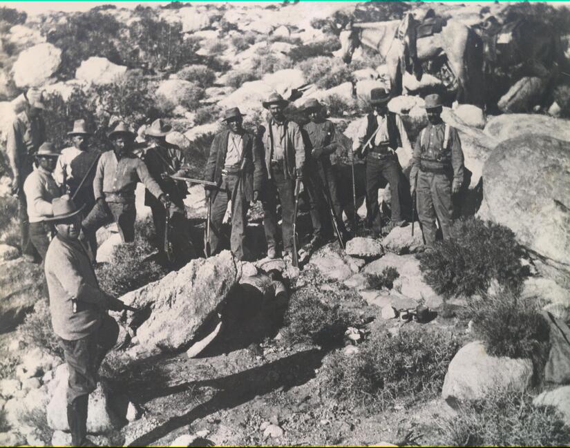 The Last Manhunt The alleged body of Willie Boy, lying dead in the shadow of a rock. (Photo courtesy of UC Riverside's Harry Lawton Collection, Tomas Rivera Library.)