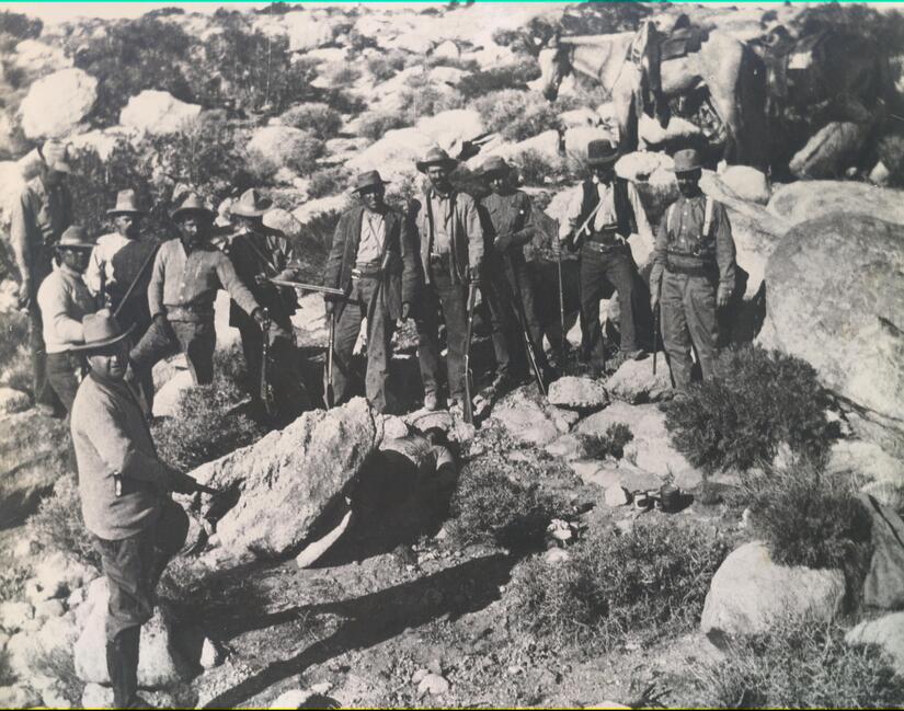 The alleged body of Willie Boy, lying dead in the shadow of a rock. (Photo courtesy of UC Riverside's Harry Lawton Collection, Tomás Rivera Library.)