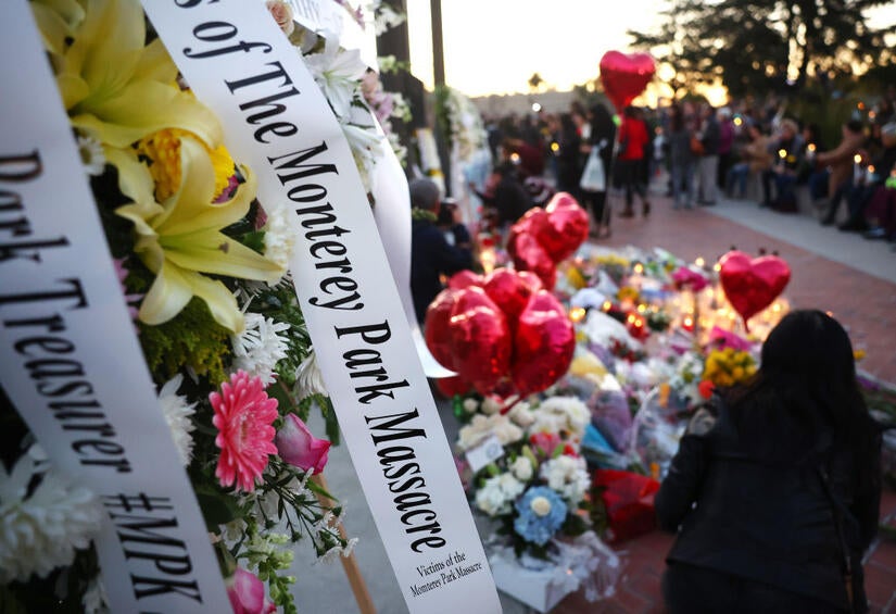 MONTEREY PARK, CALIFORNIA - JANUARY 24: A message dedicated to victims, which is attached to a floral arrangement, is seen before the start of a candlelight vigil for victims of a deadly mass shooting at a ballroom dance studio on January 24, 2023 in Monterey Park, California. Eleven people died and nine more were injured at the studio near a Lunar New Year celebration last Saturday night. Vice President Kamala Harris is scheduled to visit the predominantly Asian American community tomorrow. (Photo by Mario