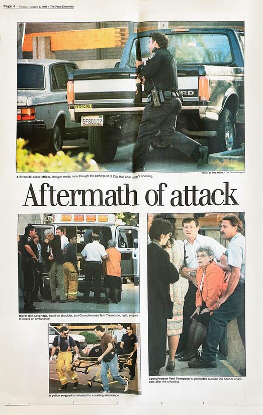 Photos from an article in The Press-Enterprise following the October 1998 shooting at City Hall.