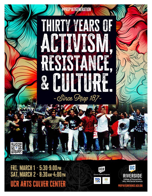 Poster for Prop 187 conference hosted by UC Riverside, “Unearthing the Legacy: Commemorating Thirty Years of Latino Activism and Civil Society since the Passing of Proposition 187.”
