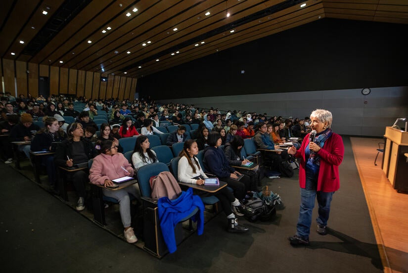 Katayoon "Katie" Dehesh, distinguished professor and molecular biochemist, teaches a biology class on lipids and membrane—structure and function, on January 22, 2024. (UCR/Stan Lim)