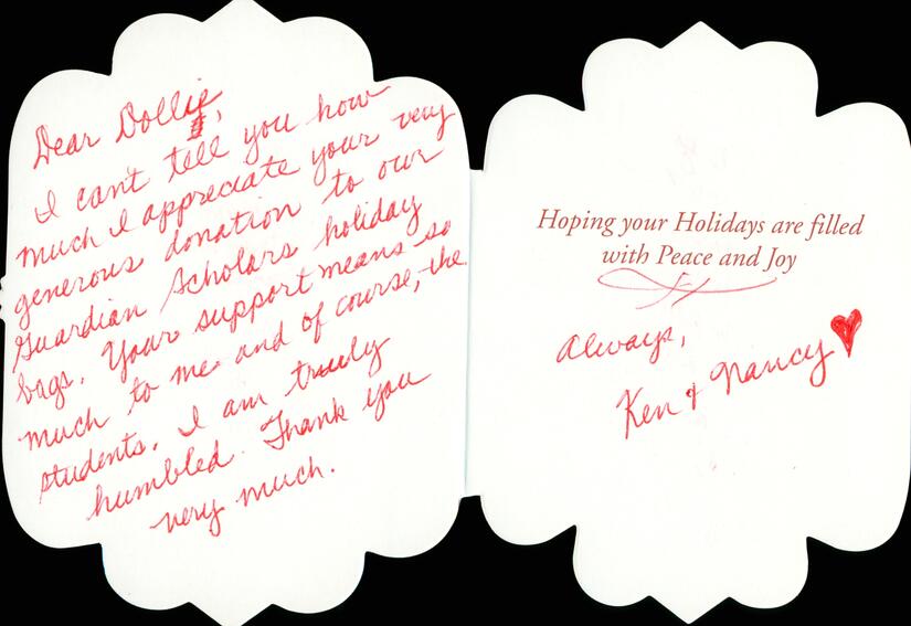 One of the many thank you notes E. Dollie Wolverton has received for supporting students at UC Riverside. (For UCR, courtesy of E. Dollie Wolverton)