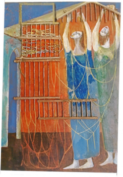 BAILA GOLDENTHAL Fifteen of Simon’s poems narrate paintings by her mother, reproductions of which are included in the collection. BAILA GOLDENTHAL, 1990, OIL ON WOOD/COLLAGE, 20″X16″