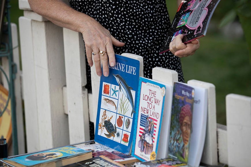 Fence Library 2 Straight sets out books along the fence.