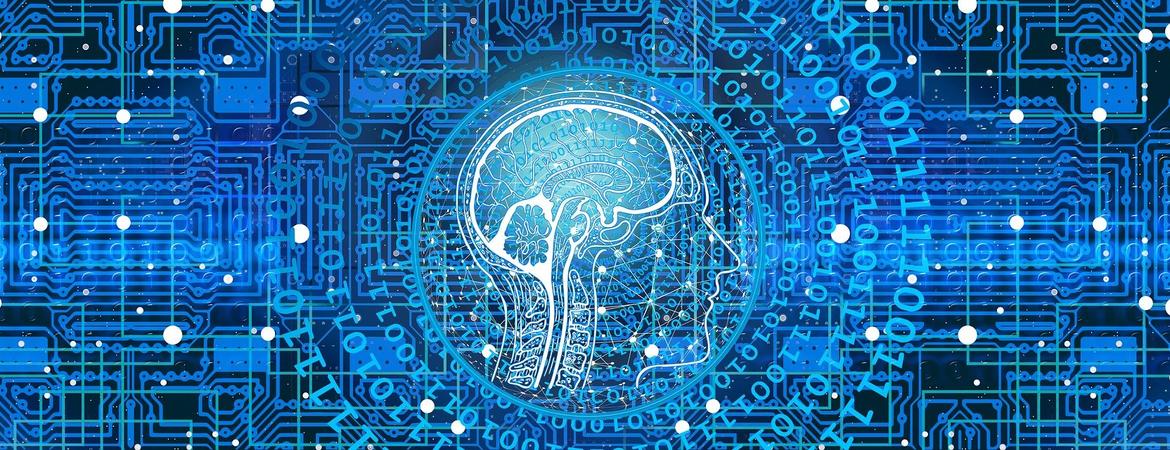 Illustration of human brain and binary code