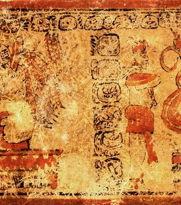 Polychrome decorations on a Maya ceramic vessel