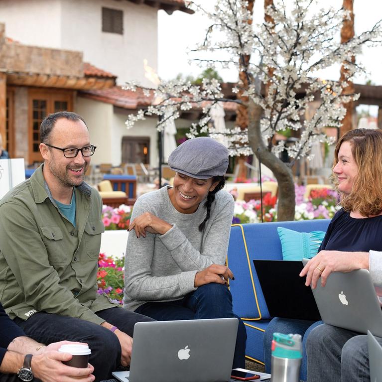 From left, MFA students Eric Herbst, Adam Sullivan, Charli Englehorn, Wendy Maxon, and assistant adjunct professor Mark Haskell Smith at the Omni Rancho Las Palmas Resort & Spa in Rancho Mirage.