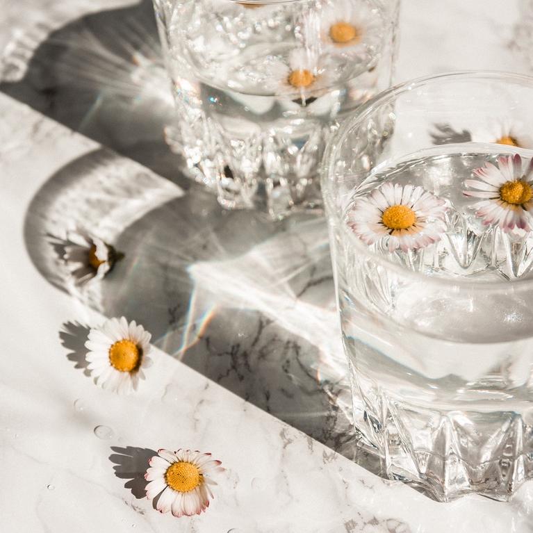 Two glasses of water with flowers floating in them by Camille Brodard on Unsplash