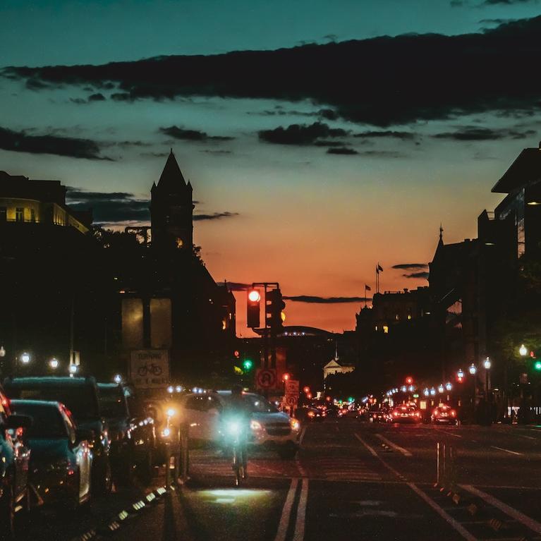 A Washington, DC street at night